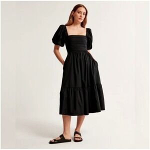 Abercrombie & Fitch Emerson Poplin Tiered Puff Sleeve Midi Dress Black XSP Chic